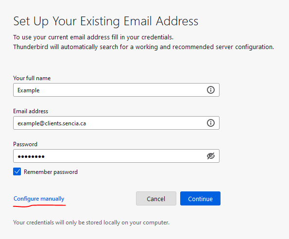 Setting up thunderbird email manually