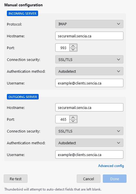 Manual Configuration Settings for Thunderbird